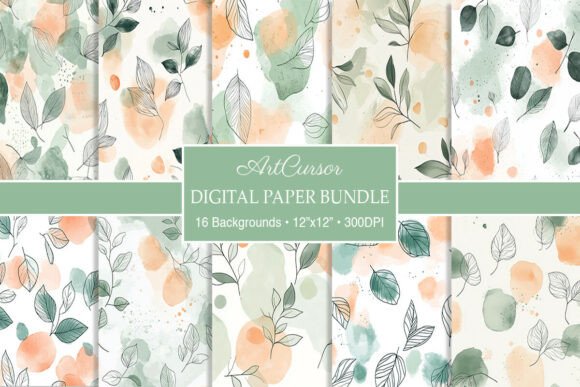 Elevate Your Projects with Sage Peach Watercolor Leaves Backgrounds